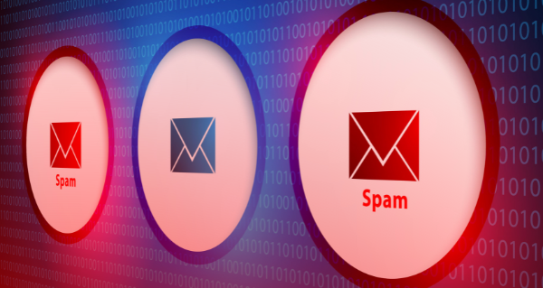 Image of three email icons in circles. Middle circle is blue and others are red with 'spam' written in red underneath.