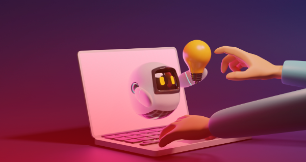 Photo of an AI assistant (Copilot) handing lightbulb to user through screen.