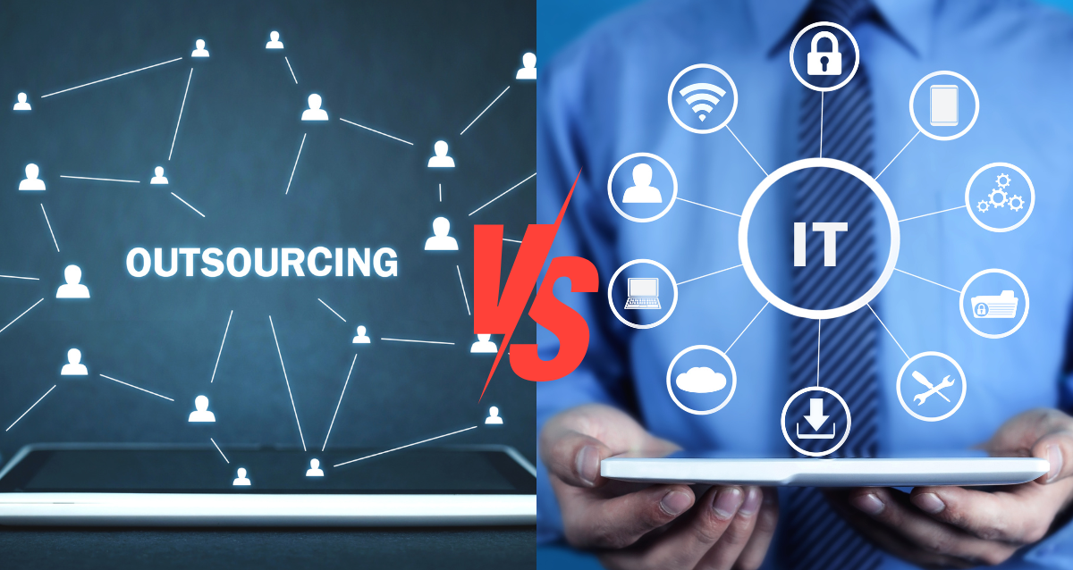 Comparative image split into two halves. The left hand side signifies outsourced IT, whereas the right hand side related to internal IT processes. 